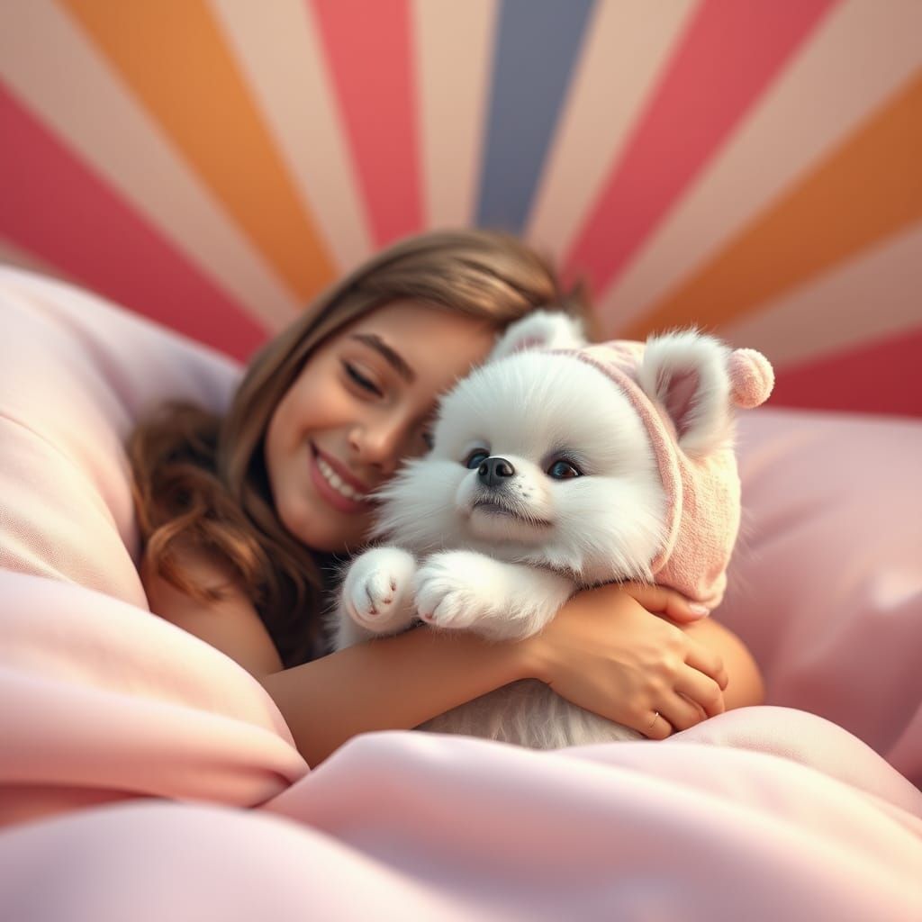 Girl Embracing Pomeranian Puppy in Pixar 3D Style