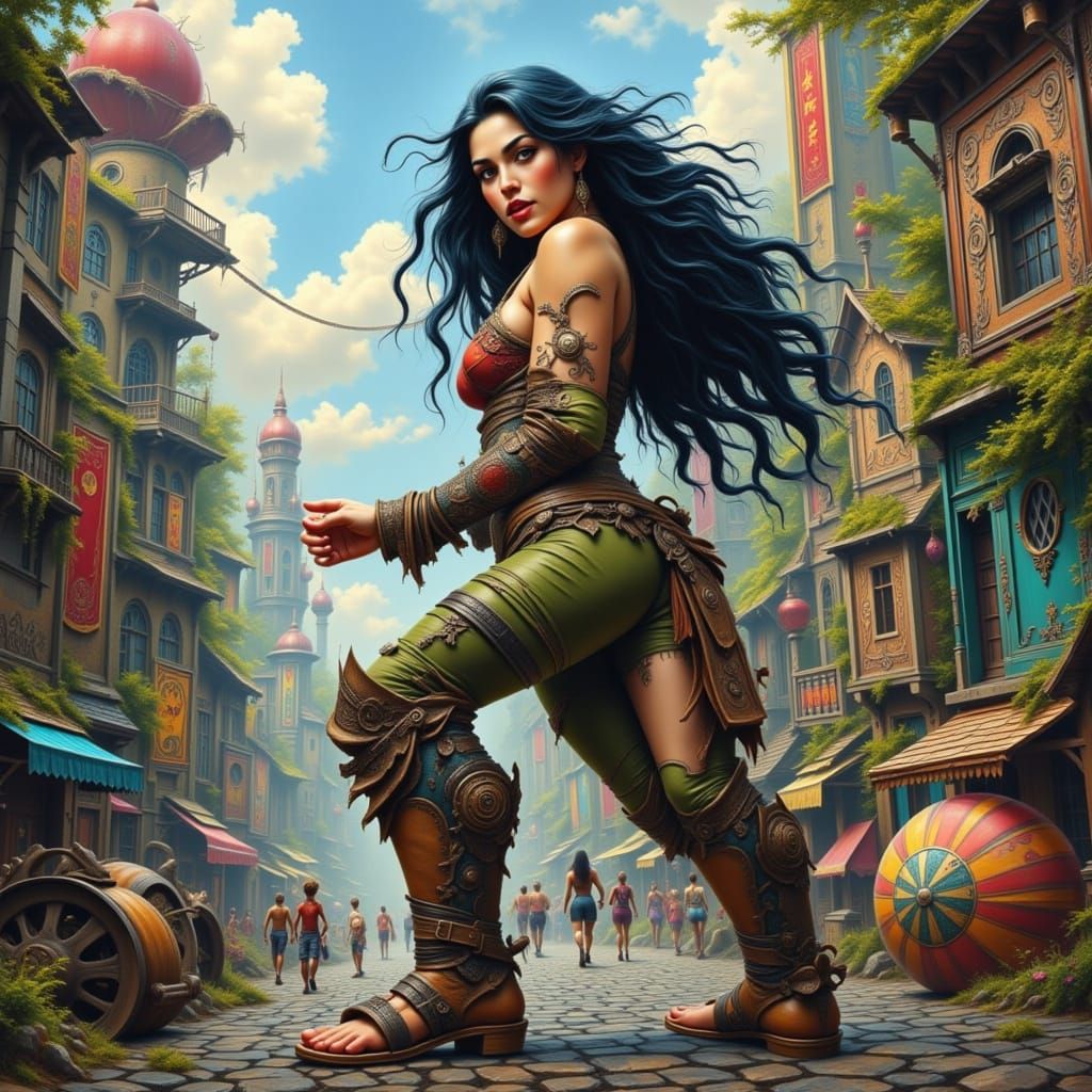 Giant Latina Warrior Overlooking Tiny Cityscape