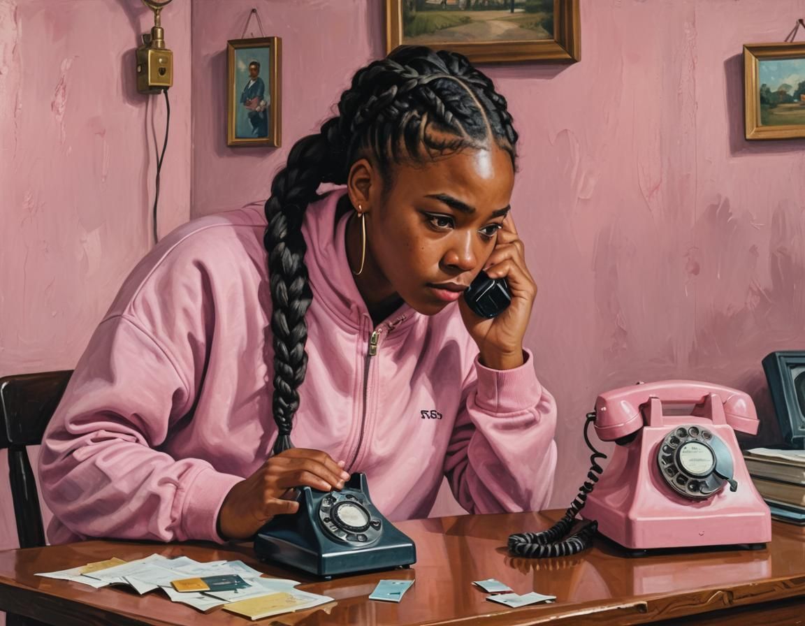 Girl Puzzled by Rotary Phone in Childlike Painting