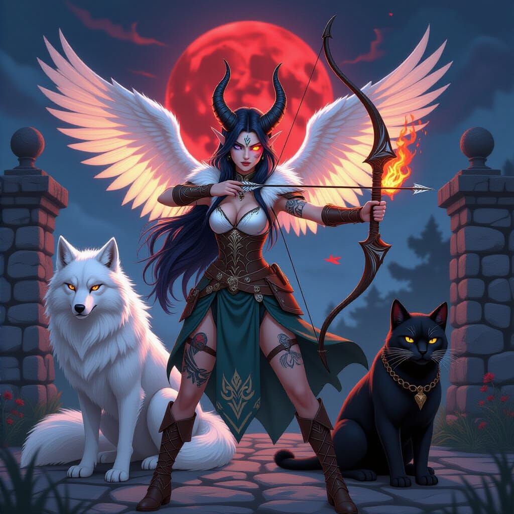 Druid Warrior With Fire-Winged Wolf and Mythical Beasts