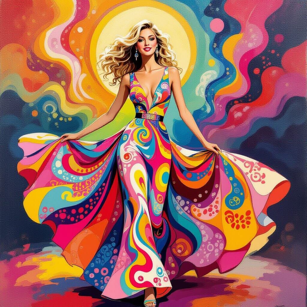 Psychedelic 1970s Prom Dress in Peter Max Style