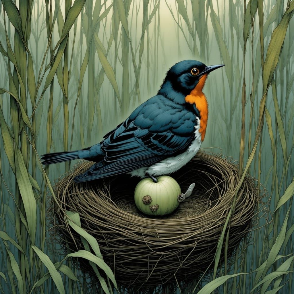 Bird Nest in Reeds at Sunset, Illustrative Style