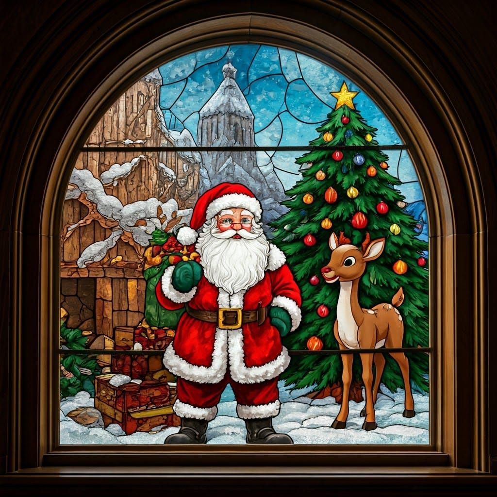 Vibrant Stained Glass Santa Amidst Sparkling Christmas Tree