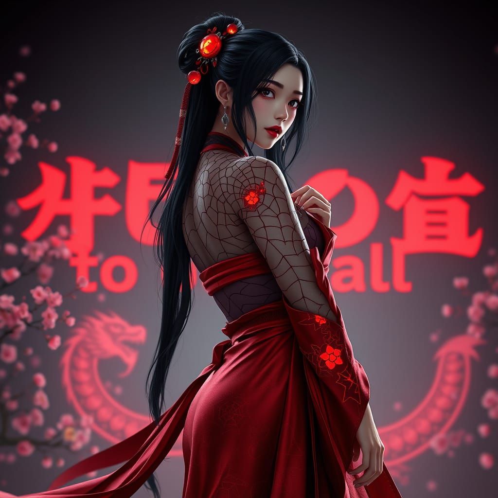 Gothic Anime Mulan in Red Kimono and Spiderweb Suit