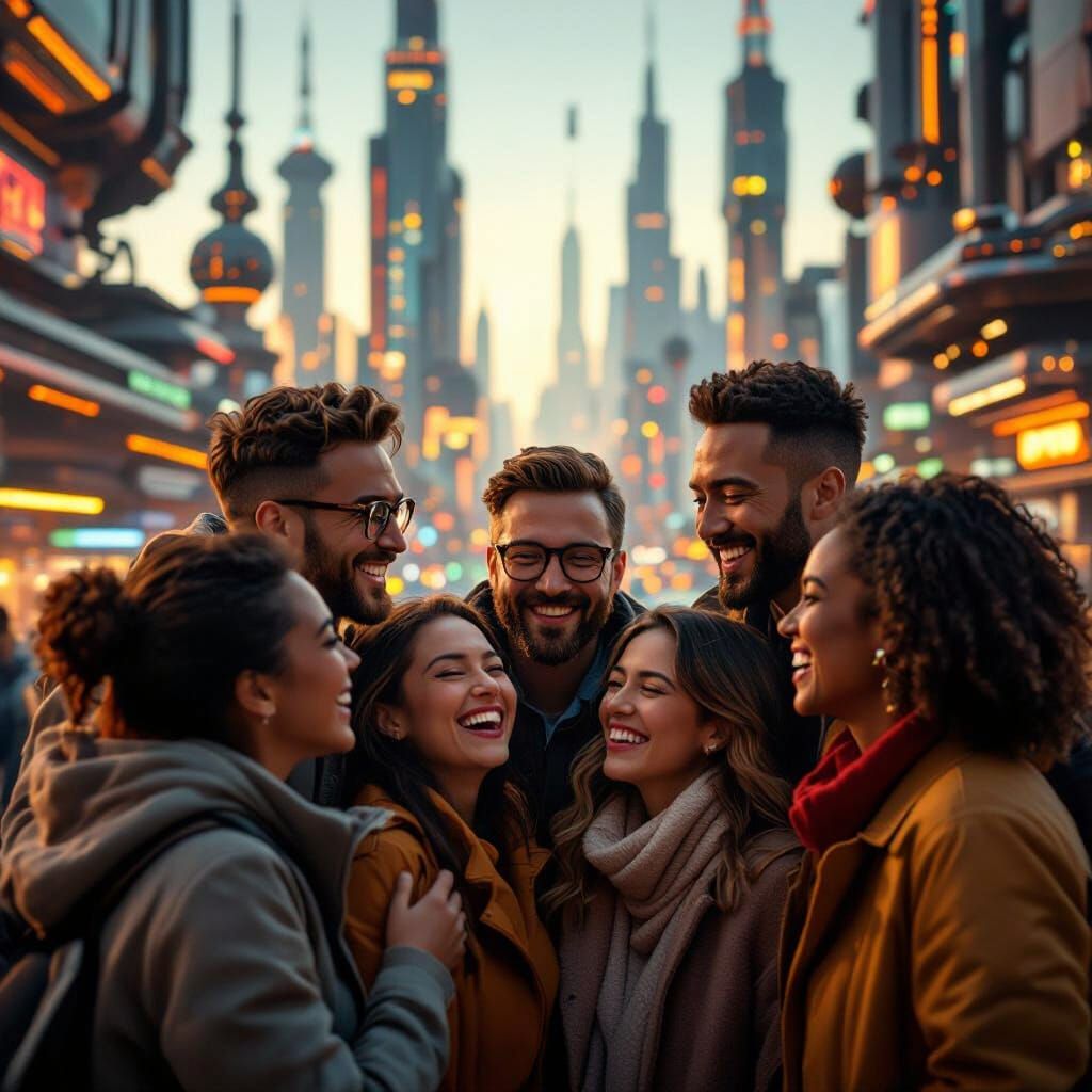 Joyful Reunion in Futuristic 2077 City with Steampunk Skylin...