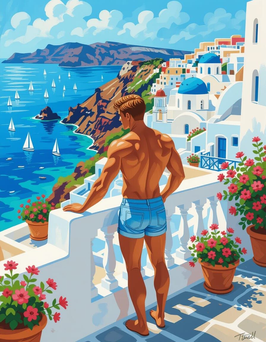 Man Overlooks Serene Greek Island Village from Balcony