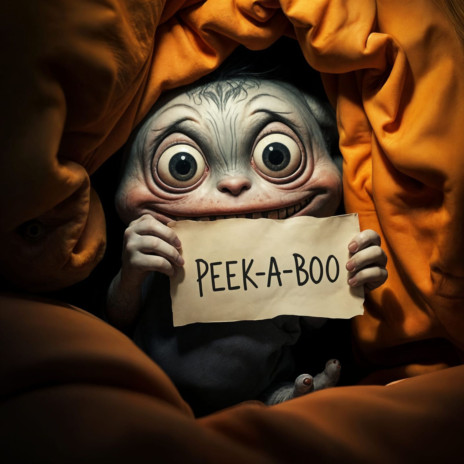 "PEEK-A-BOO" A shy monster peeking out from under a blanket.