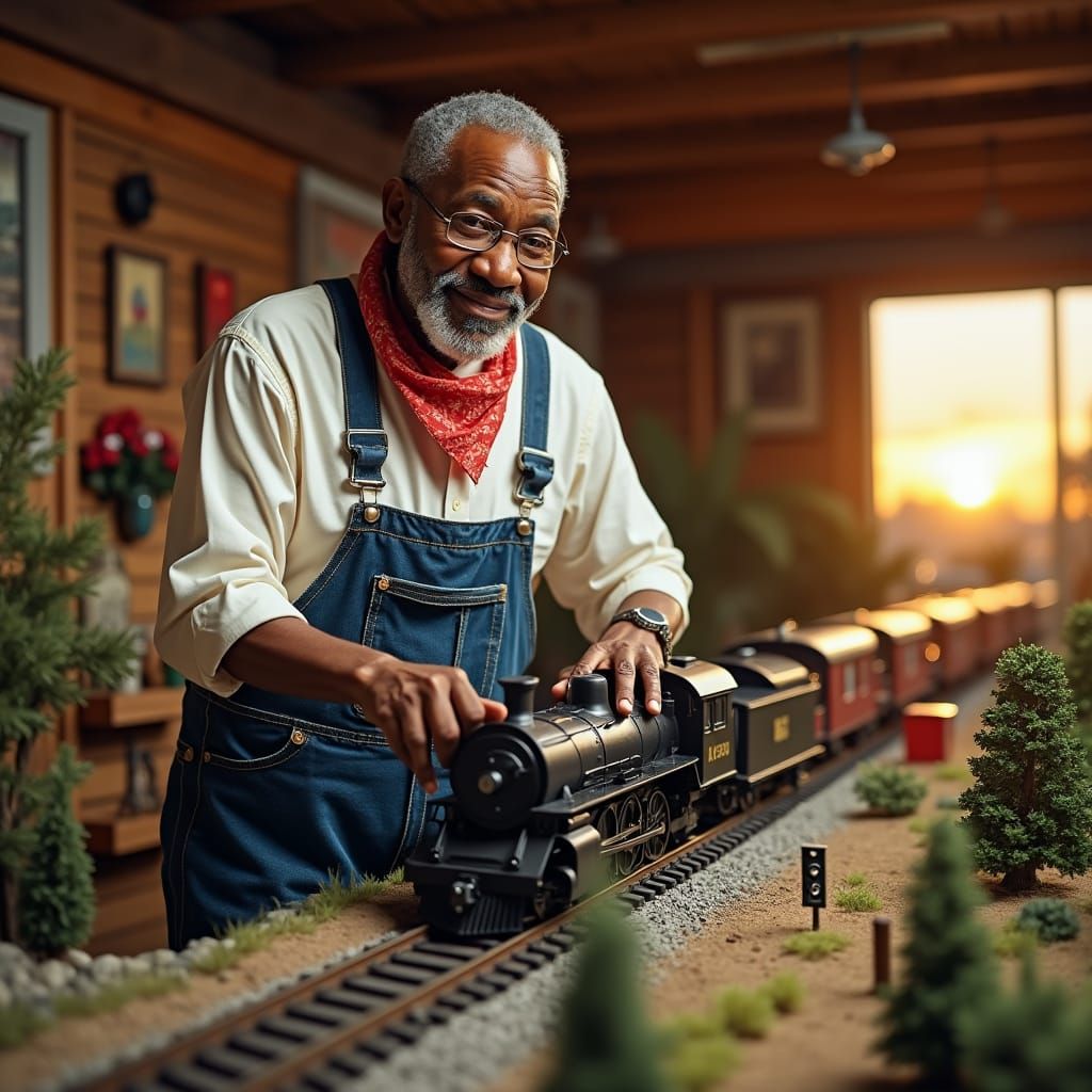 Nostalgic Train Hobbyist in Cozy Recreation Room