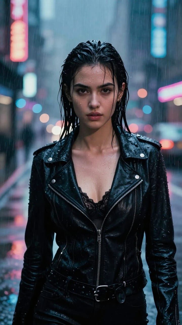 Woman in Neon Cyberpunk City Rain
