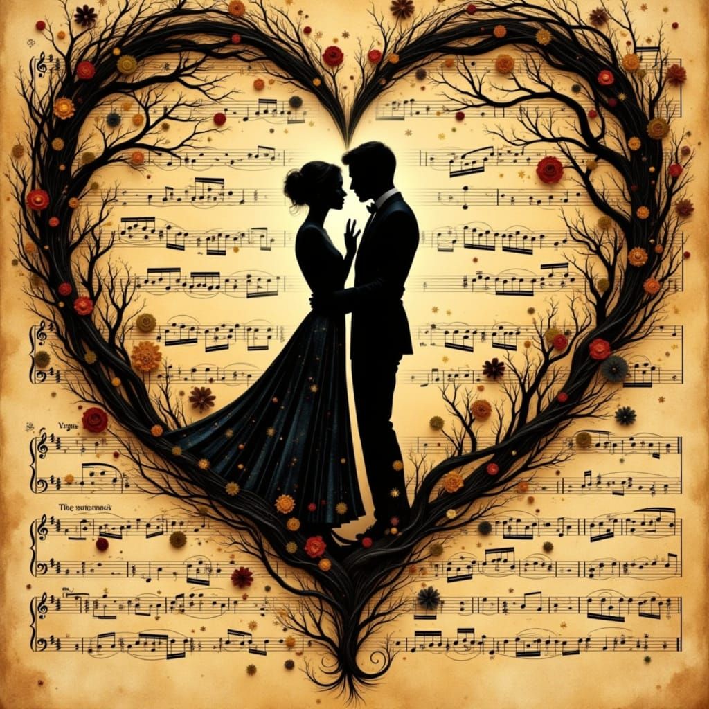 Romantic Couple Dancing in Musical Heart Silhouette