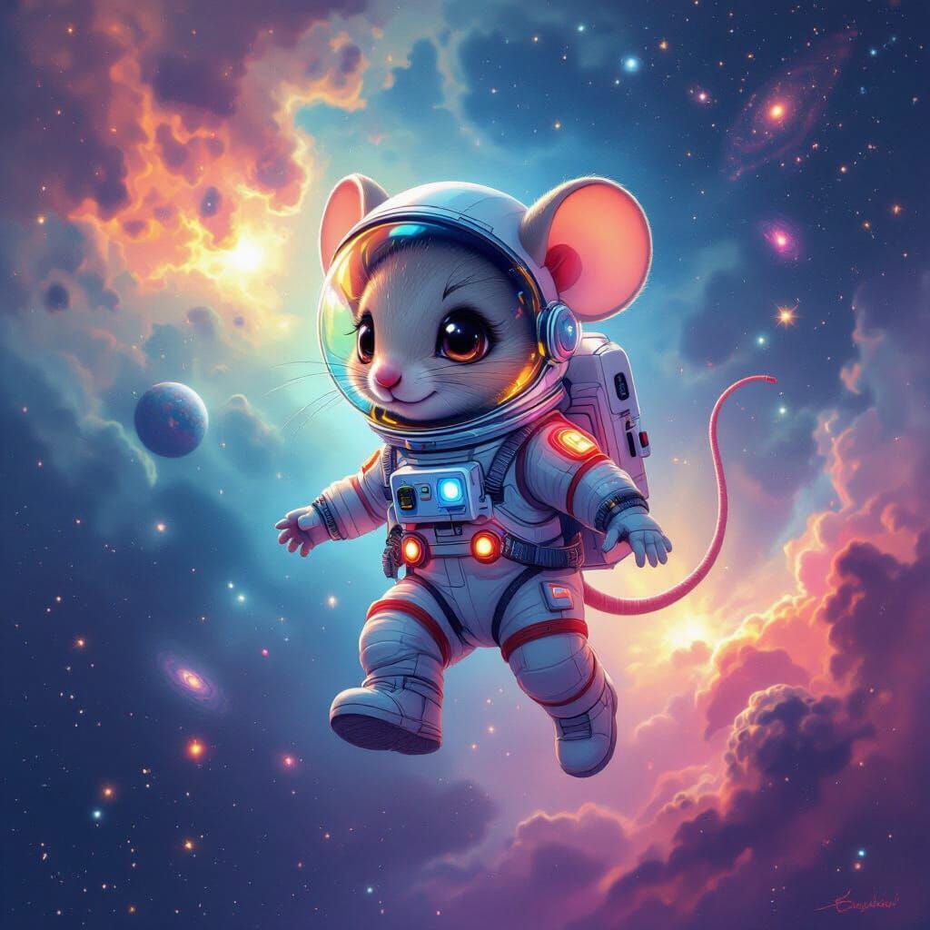 Chibi Mouse Astronaut in Nebula, Digital Art