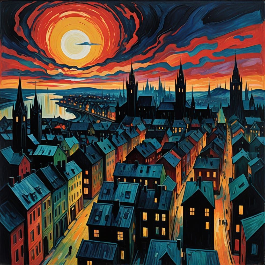 Expressionist Metropolis in Eerie, Sickly Colors