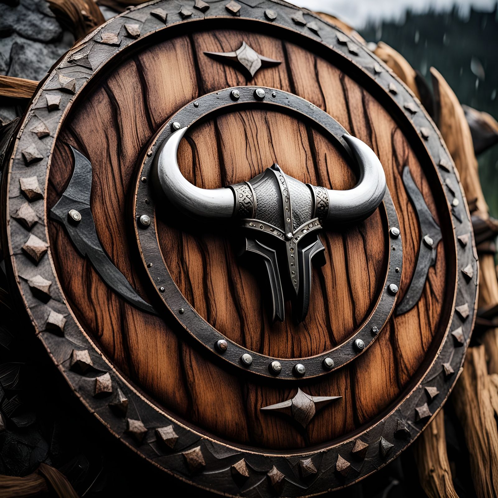 Weathered Viking Shield in the Rain