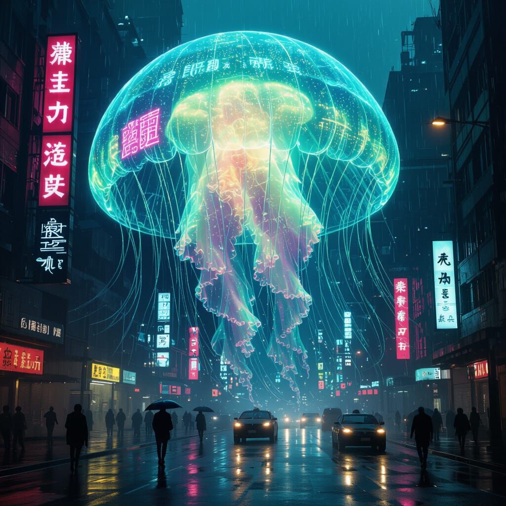 Bioluminescent Jellyfish in Cyberpunk Cityscape