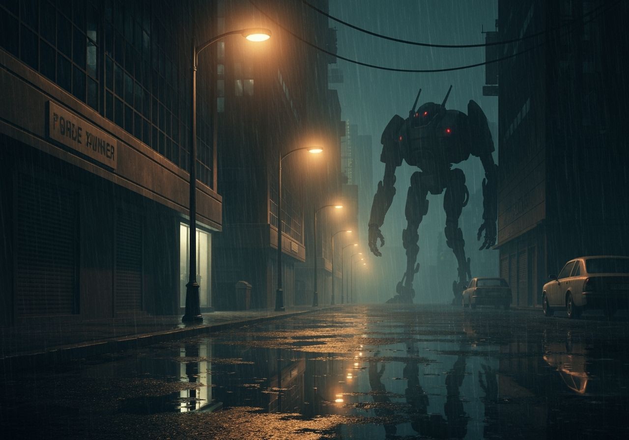 Noir Sci-Fi Metropolis Street Scene with Mechanical Zoid