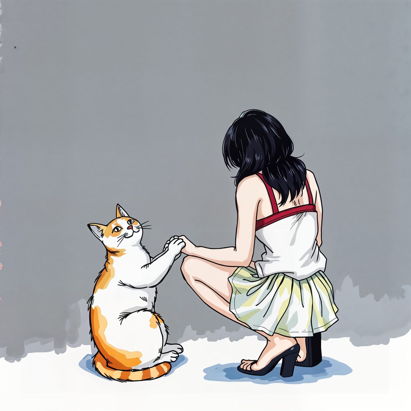 Cartoon Woman Comforted by Cat in Watercolor