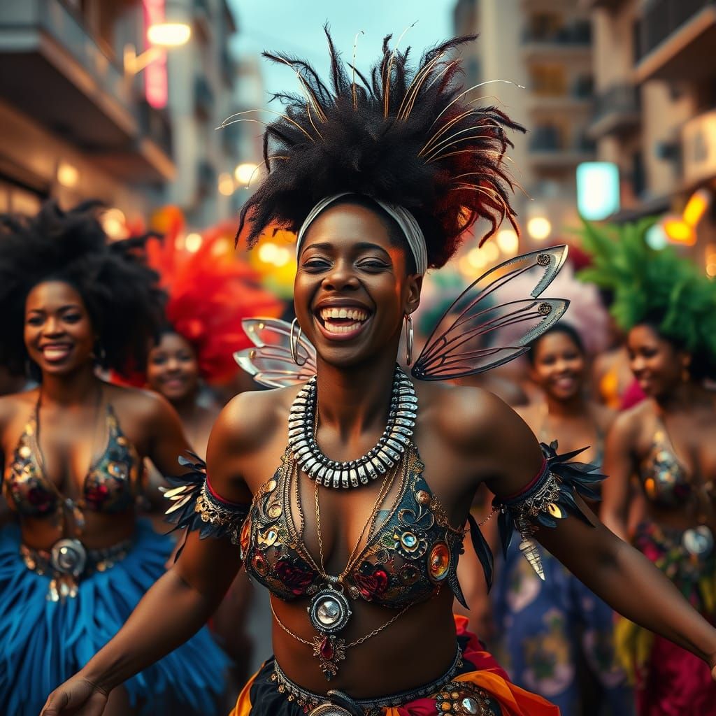 Joyful Rio Carnival Dancer in Futuristic Yoruba Style