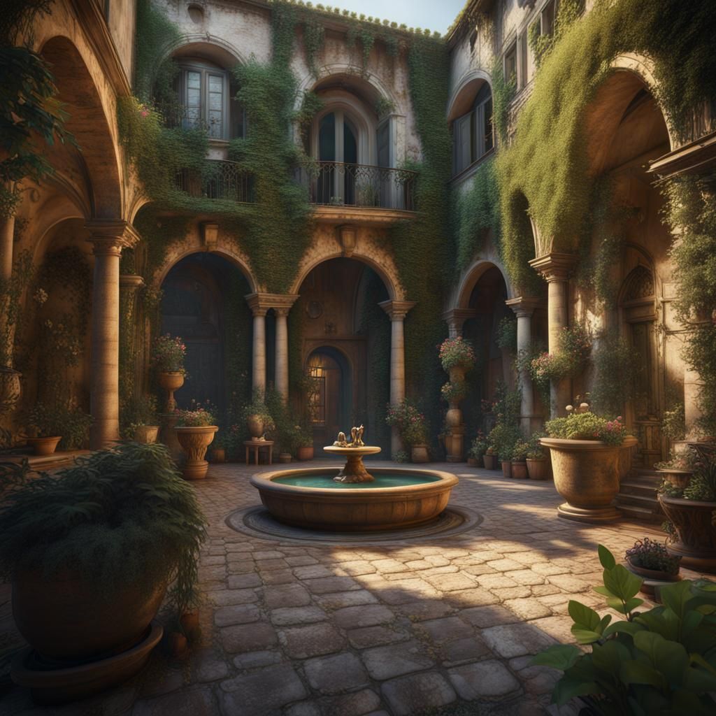 Lush Italian Courtyard with Hidden Writings