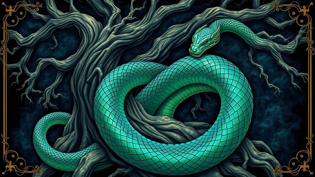 Iridescent Serpent Coiled Around Mystical Tree