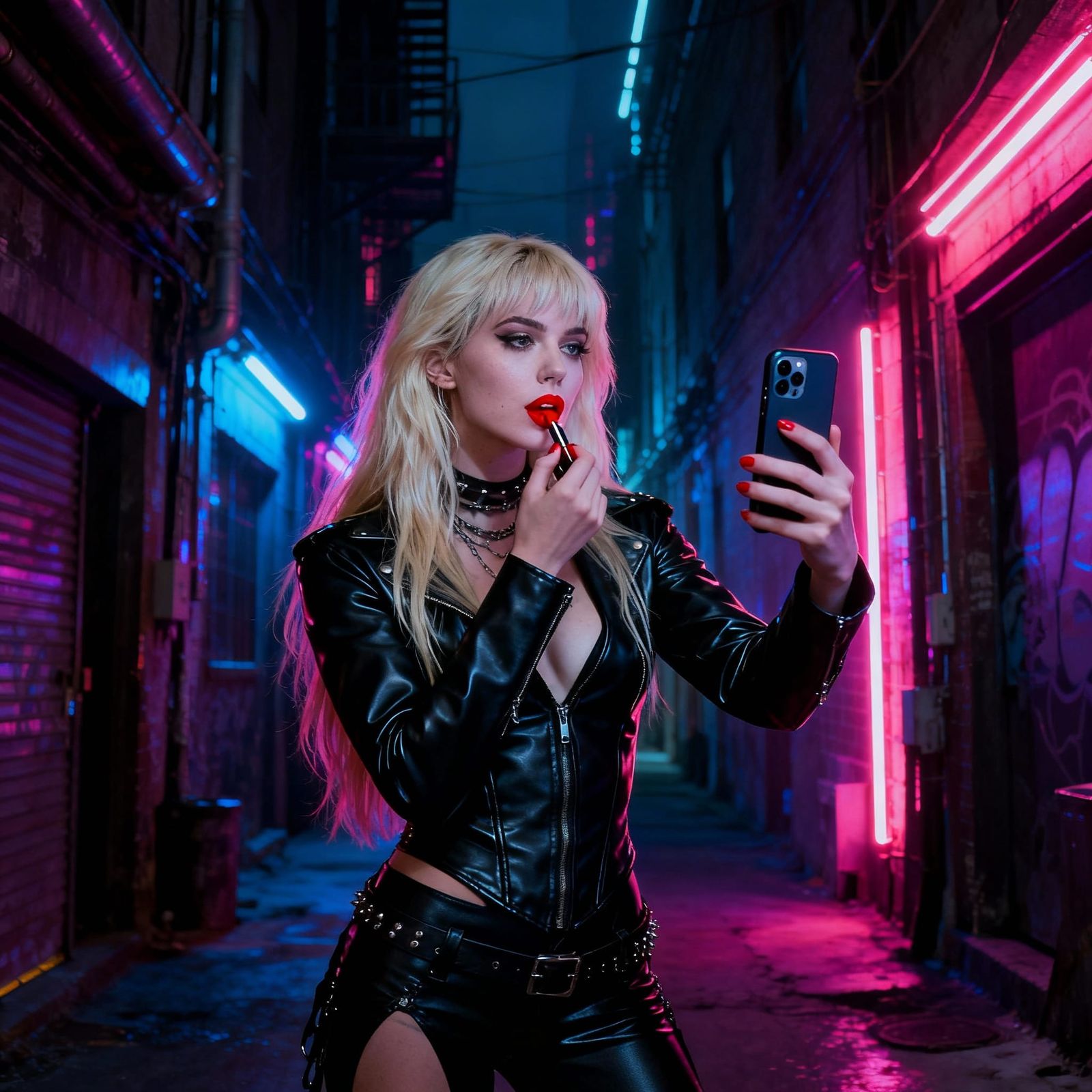 Blond Rocker Applies Lipstick in Neon Alleyway
