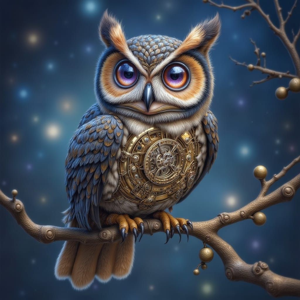 Clockwork Owl on Gilded Branch Under Starry Sky