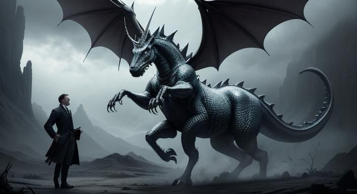 Mythical Creature Visited by Salesman: Hyperrealistic Charco...