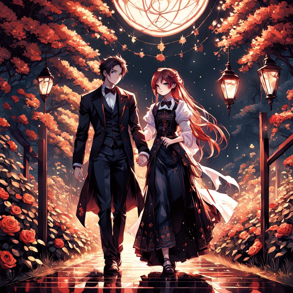 Elegant Midnight Couple in Rose Garden