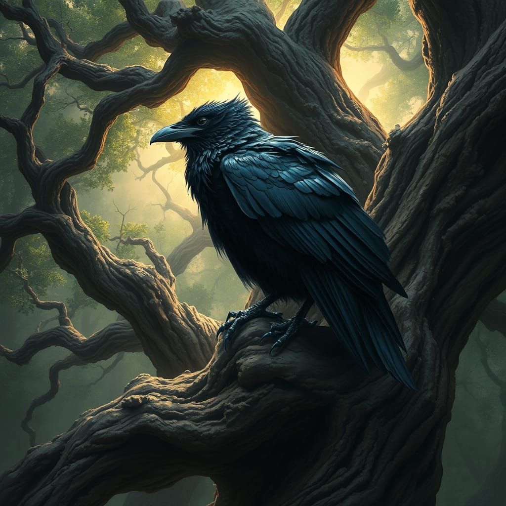 Majestic Raven on Ancient Oak in Mystical Forest