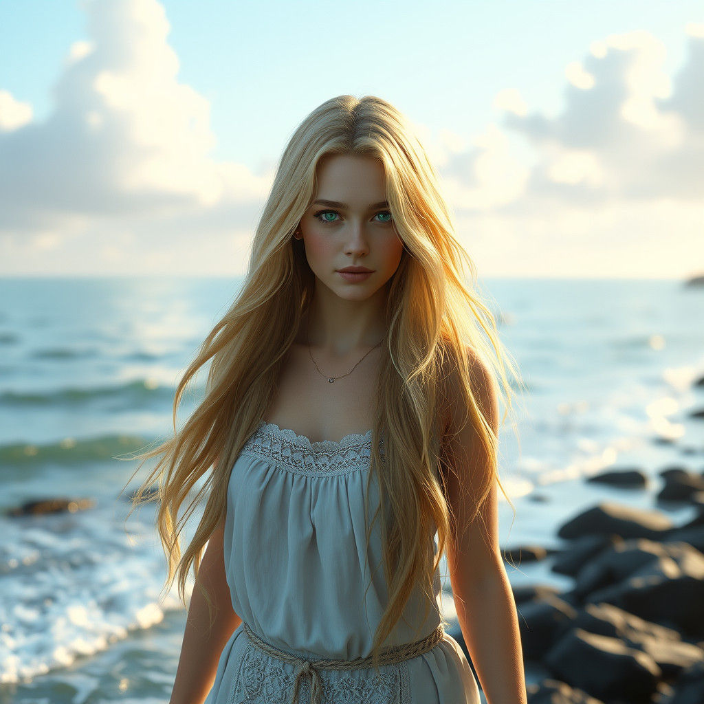 Blonde Woman Walking on Beach, Fantasy Concept Art