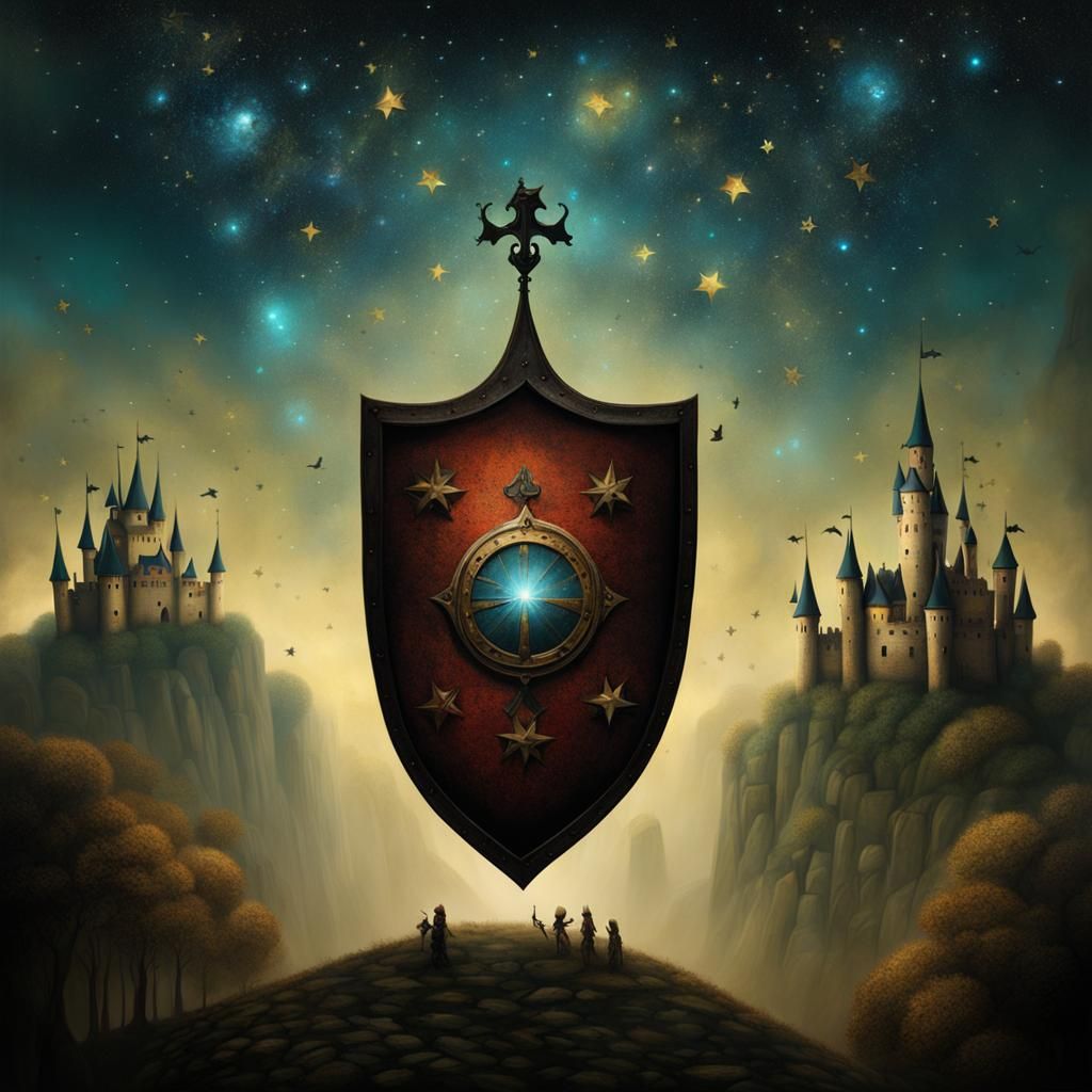 Surreal Castle Wall with Fantasy Shields