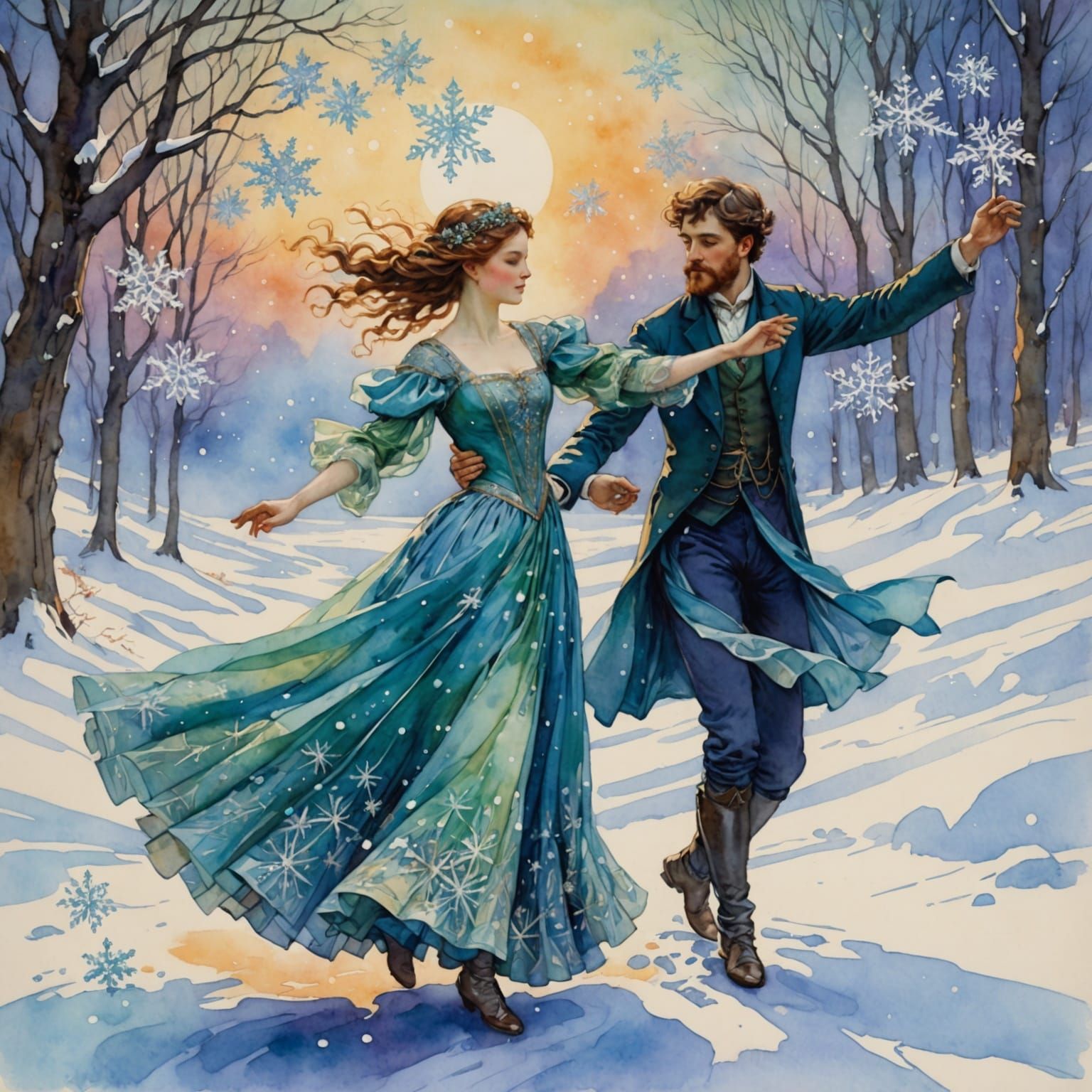 Entangled Snowflakes Dance: Watercolor Sketch