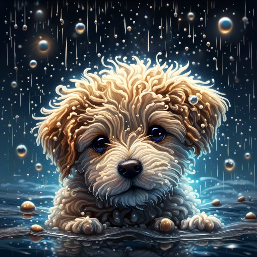 Sad Puppy in Rain with Sunbeam: Photorealistic Illustration