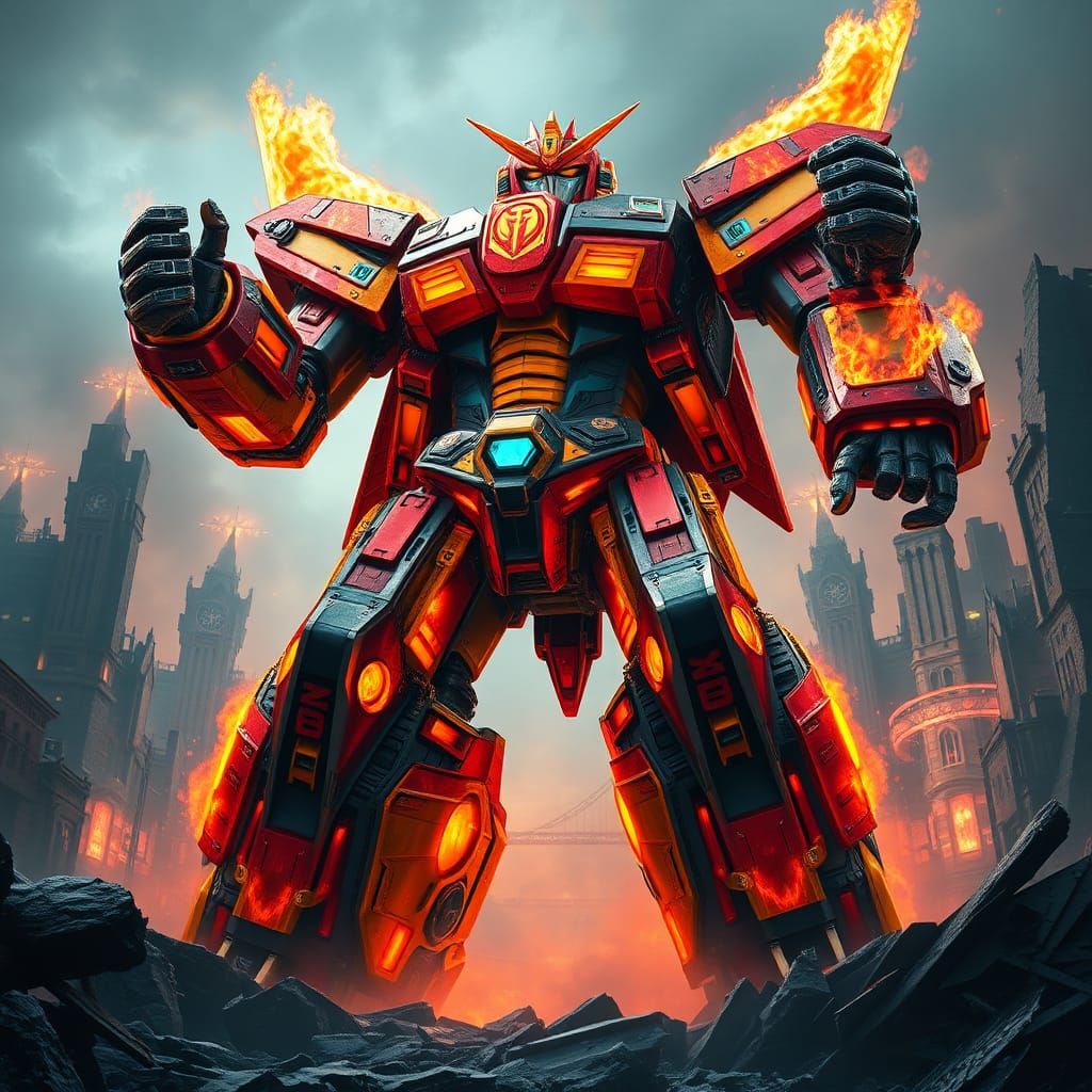 Megazord Magma Rex Victorious in Ruined Cityscape