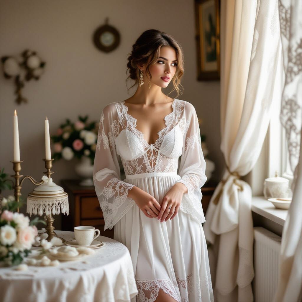 Woman in Lace Clothing Amidst Lace Decor