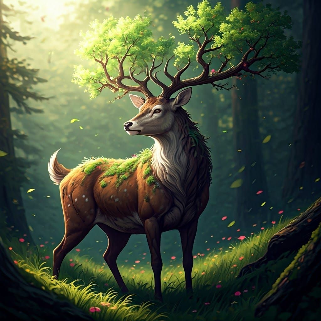 Moss-Covered Stag Amidst a Whirlwind Forest
