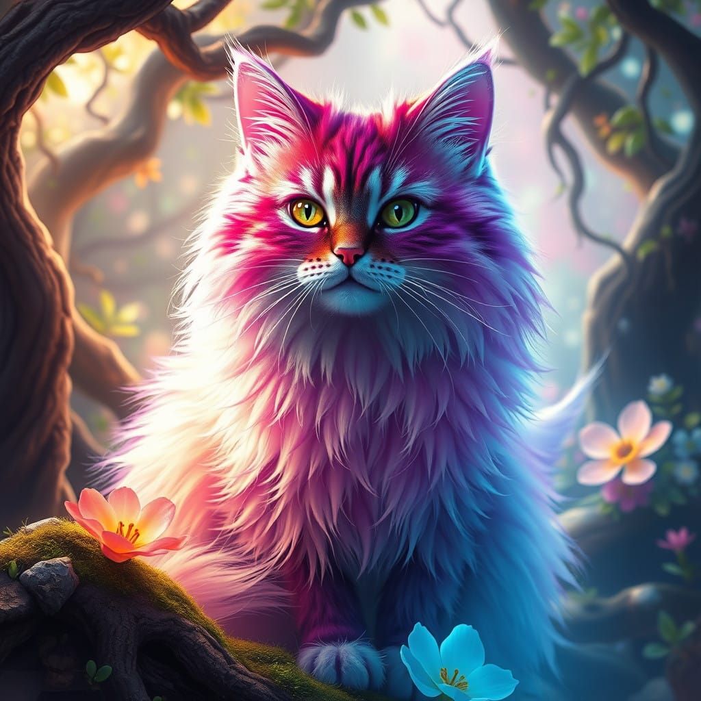 Whimsical Fantasy Feline with Vibrant Ombre Coat