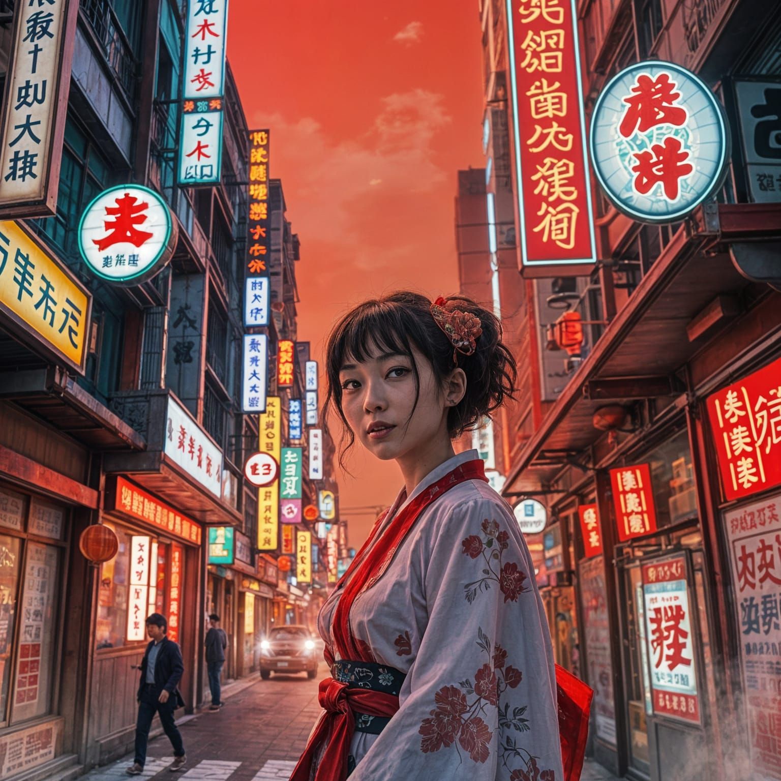 Sensual Japanese Geisha in Vibrant Red Light District
