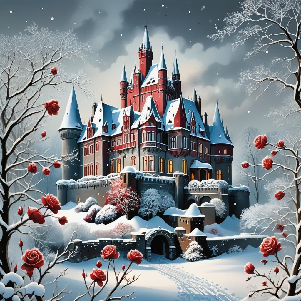 Majestic German Castle in Winter Wonderland Illustration