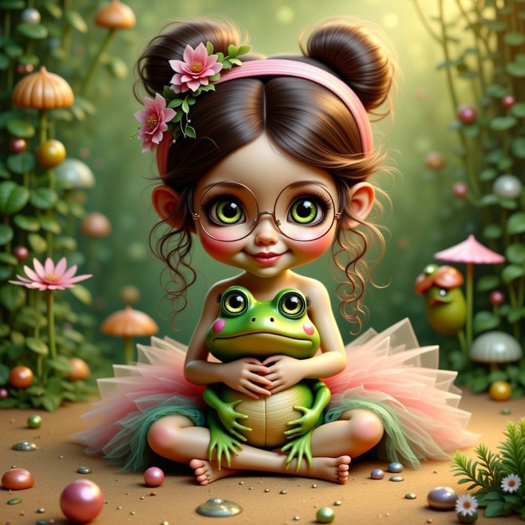 A Whimsical Child Hugs a Struggling Green Toad in a Tiny Tut...