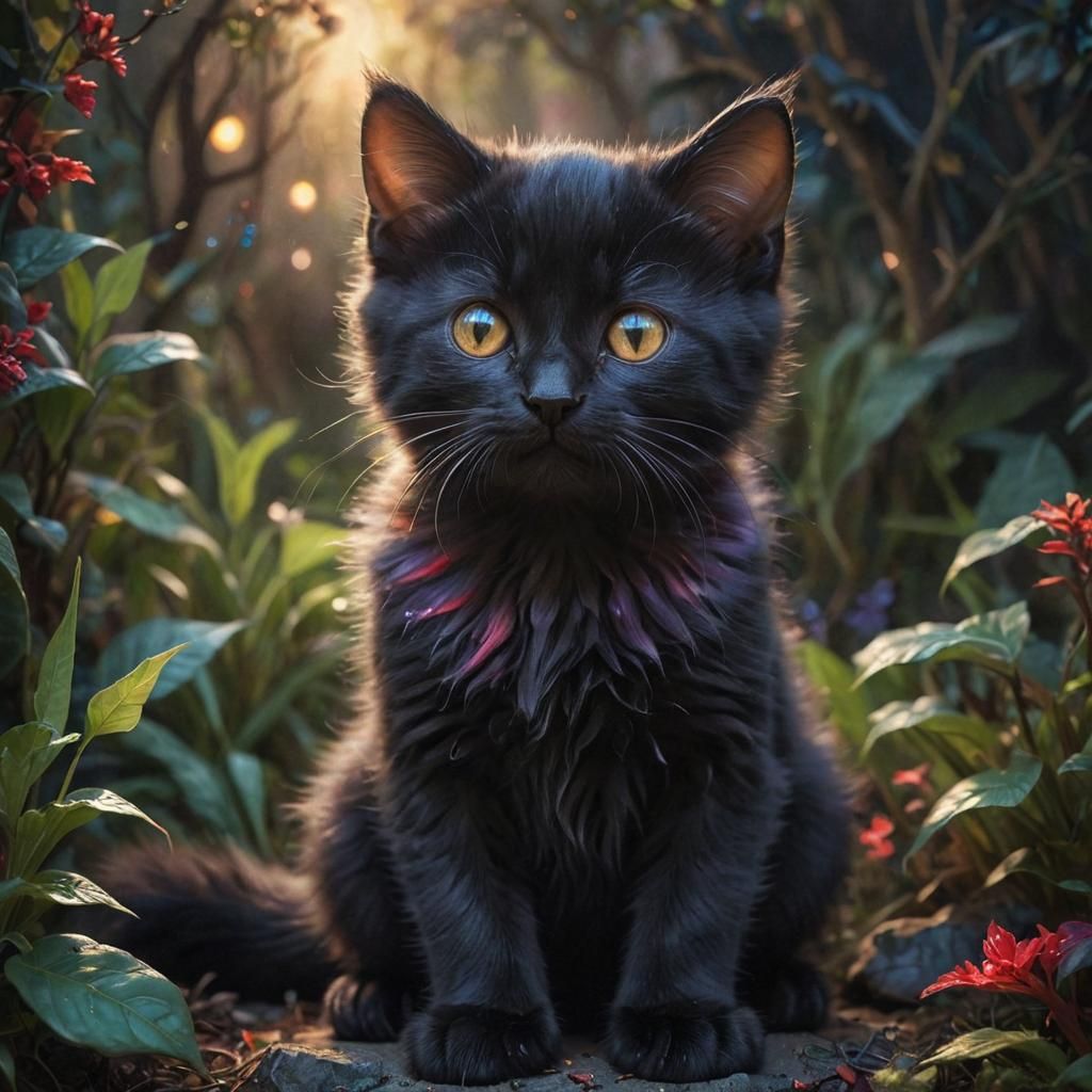 Glowing Baby Golem Kitten in Enchanted Garden Oil Painting