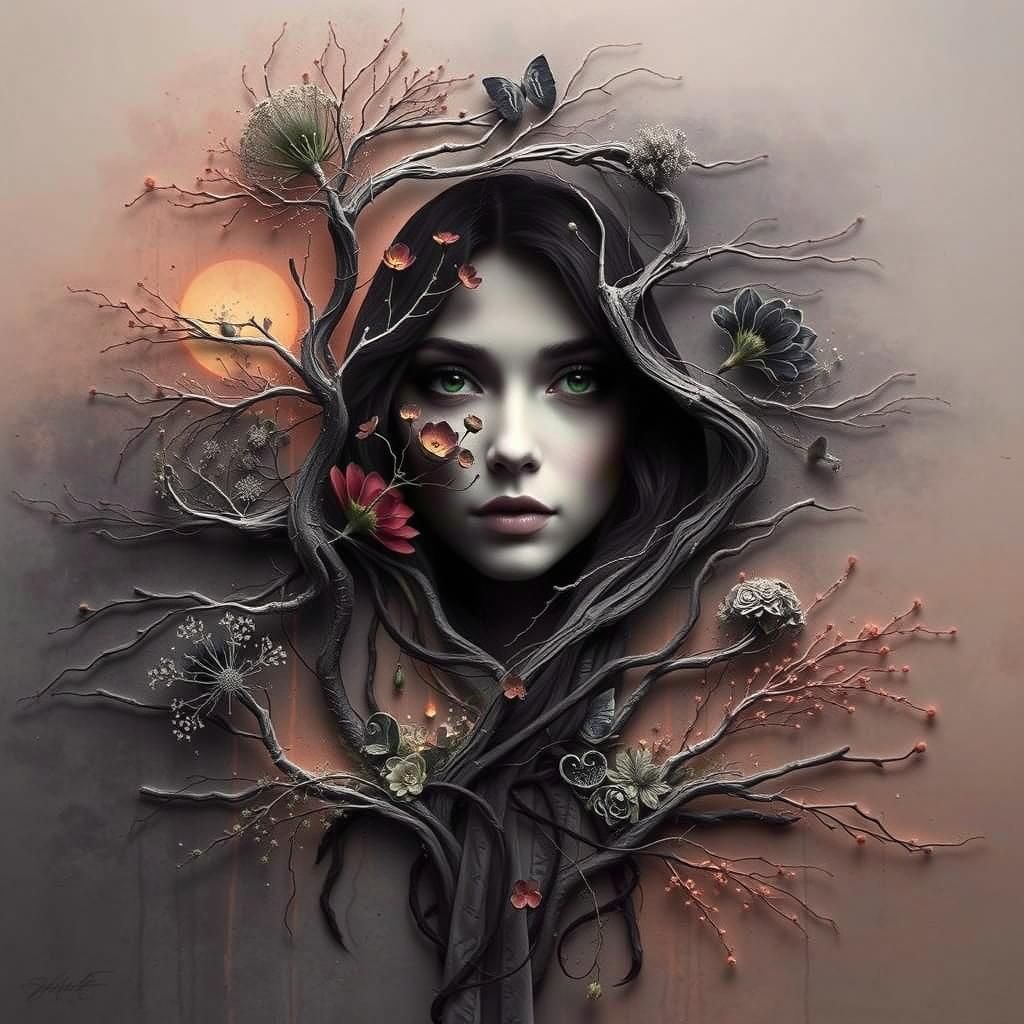 A woman with a serene, heart-shaped face and piercing emeral...