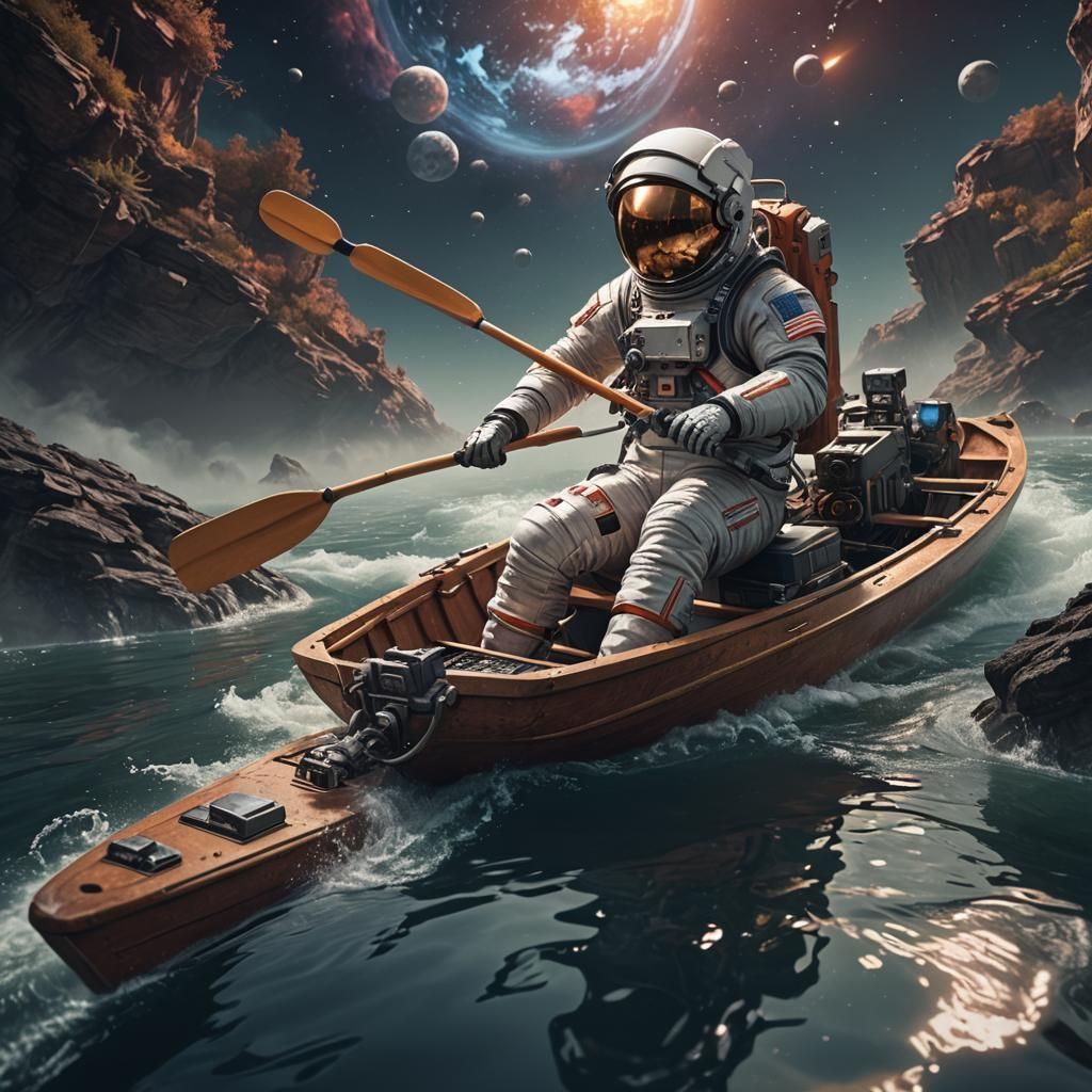 Astronaut in Rowboat with Keyboards: Fantasy Concept Art