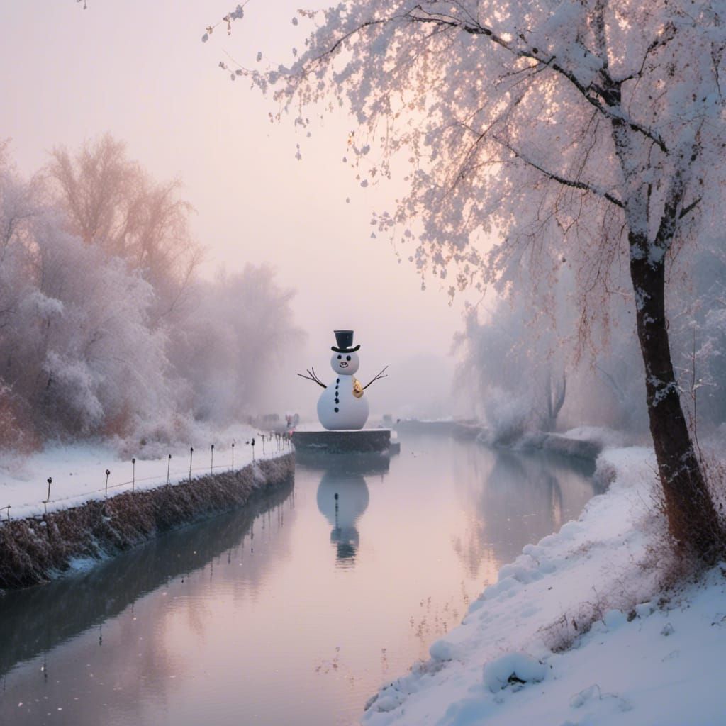 Danube Bend in Snowfall with Snowman