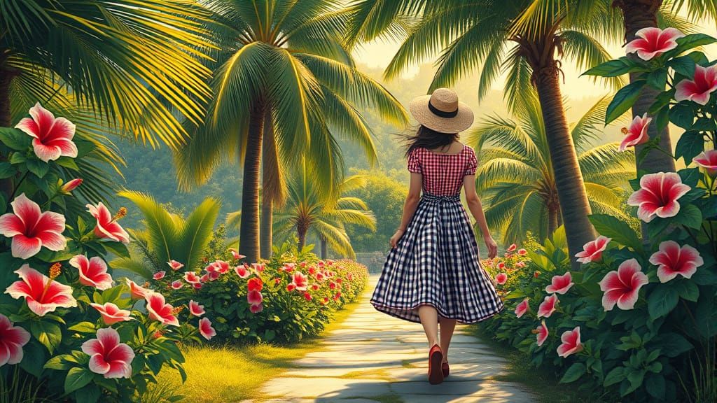 Romanticized Gingham Woman in a Tropical Paradise