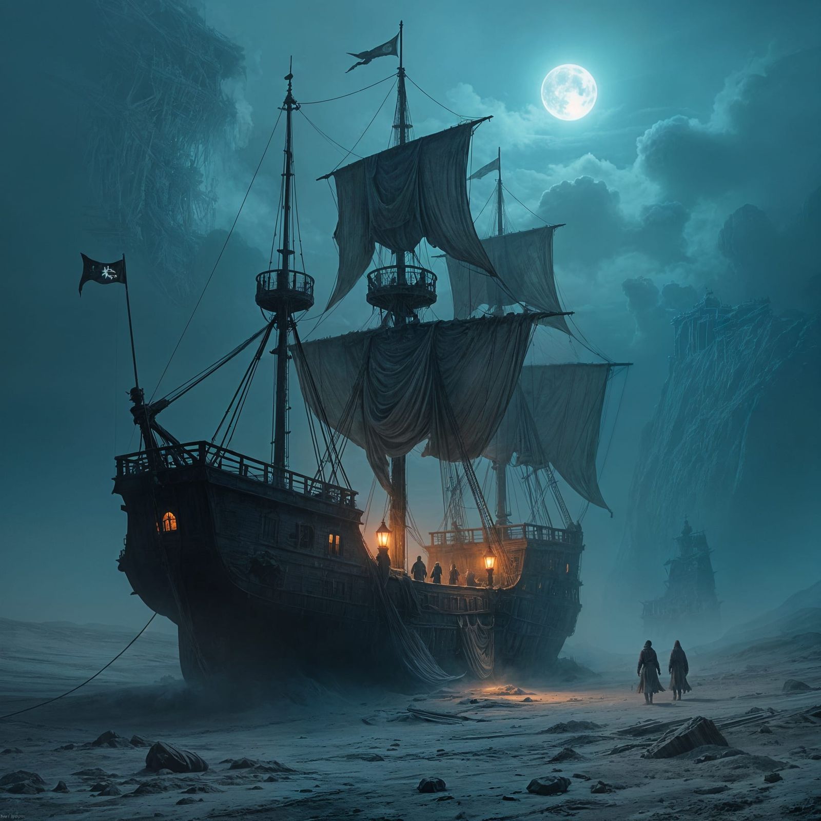 Spectral Galleon Sailing Desolate Desert in Gothic Style