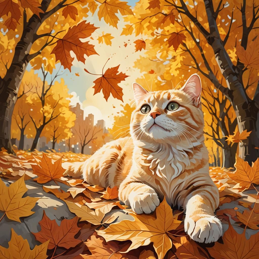 Blonde Cat in Autumn Leaves: Whimsical Illustration