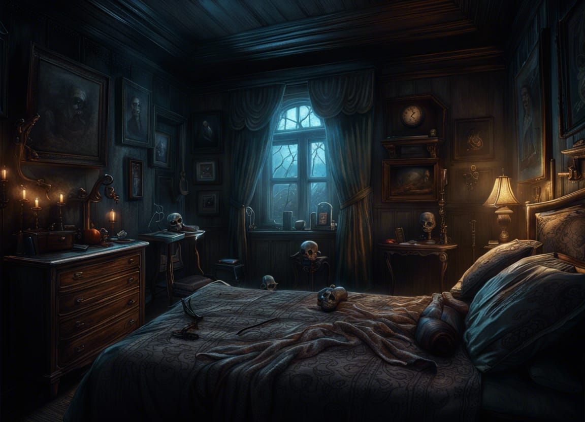 Spooky Bedroom in Dark Surrealist Style