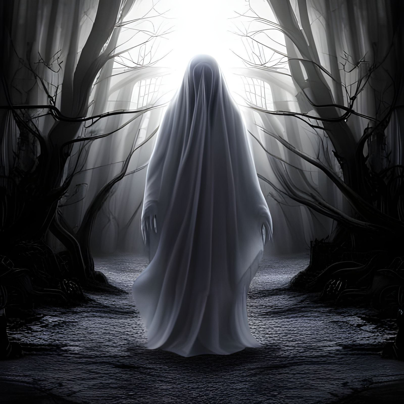 Eerie Ghost Reaching Out in Smoky, Dim Lighting