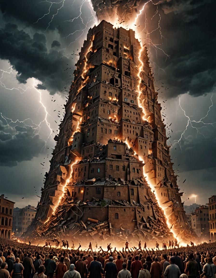 Realistic Tower of Babel Collapsing in Lightning Storm