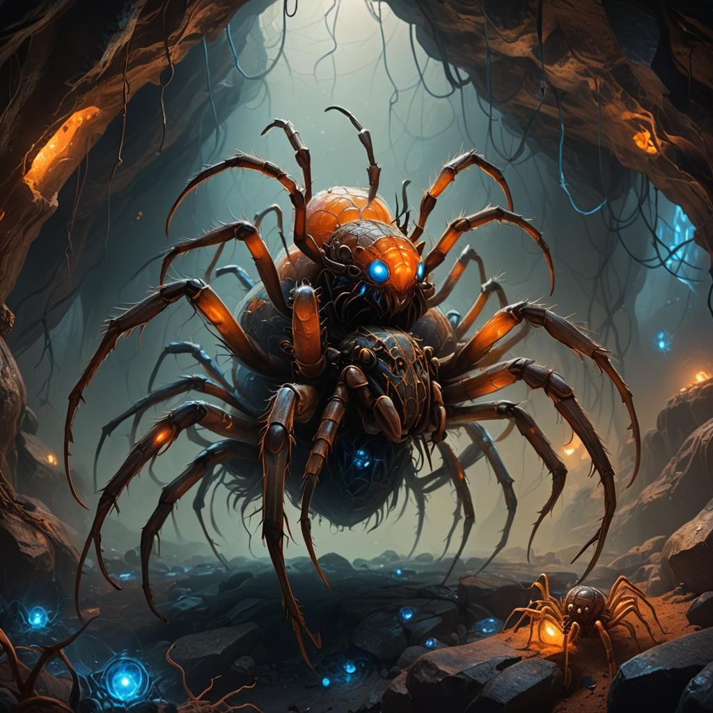 Eerie Spider Monster in Misty Cave, Fantasy Art
